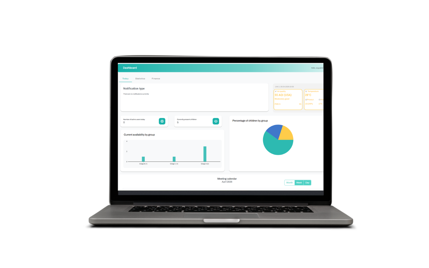 STIOKids kindergarten management dashboard with attendance and analytics overview
