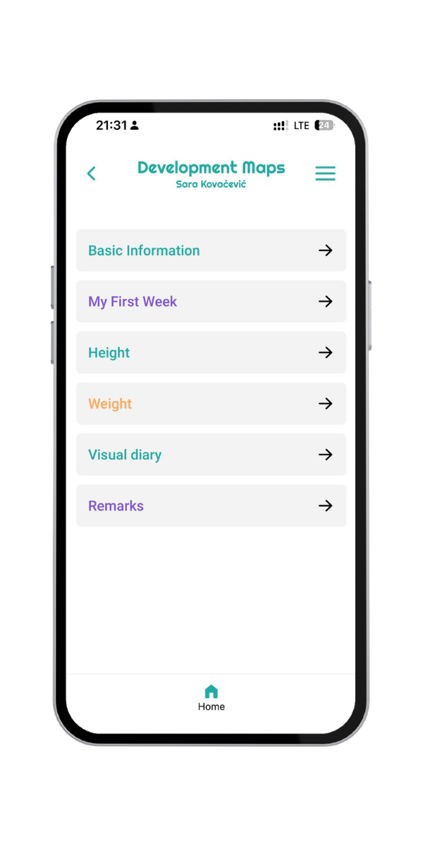Child development tracking in the STIOKids app