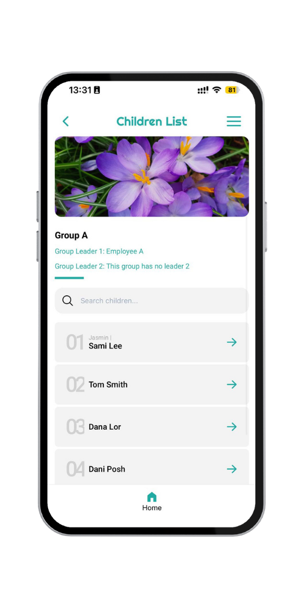 Children list in the STIOKids educator app