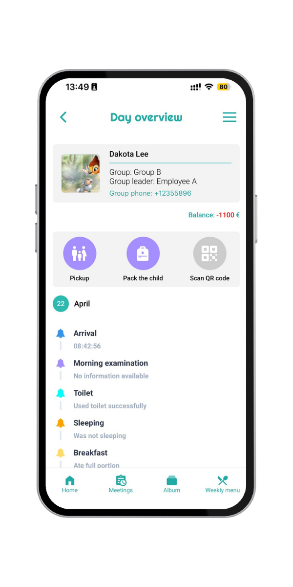 Daily child activity overview in the STIOKids parent app