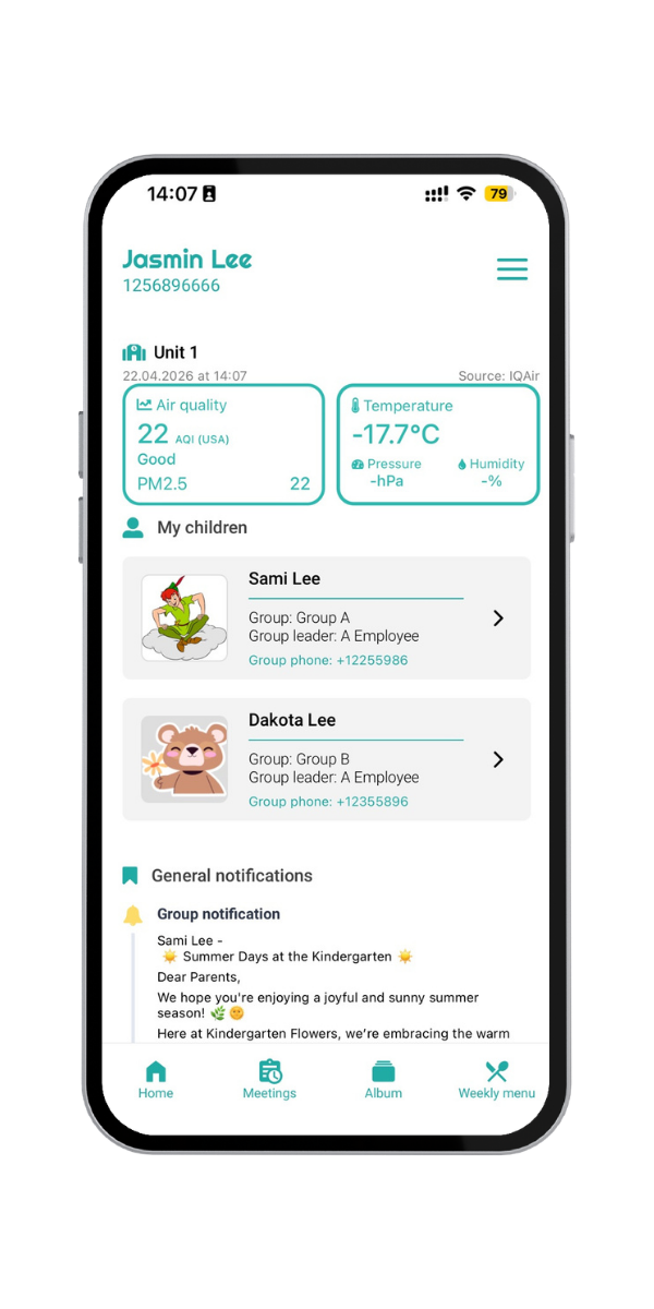 STIOKids parent dashboard with children, notifications and kindergarten information