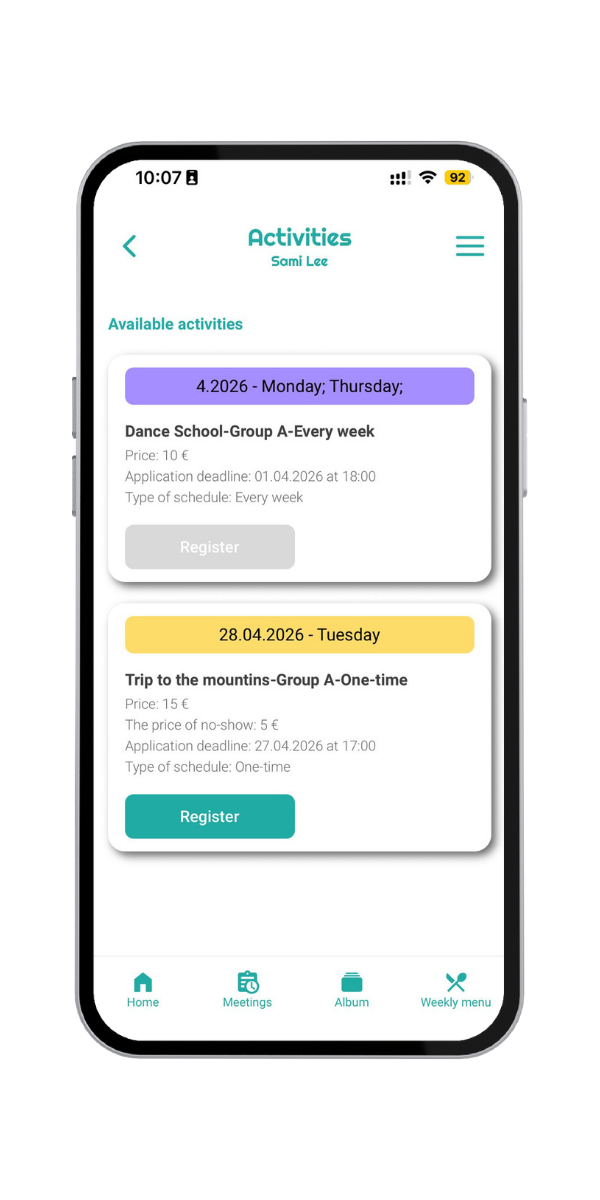 Activities and registrations in the STIOKids app