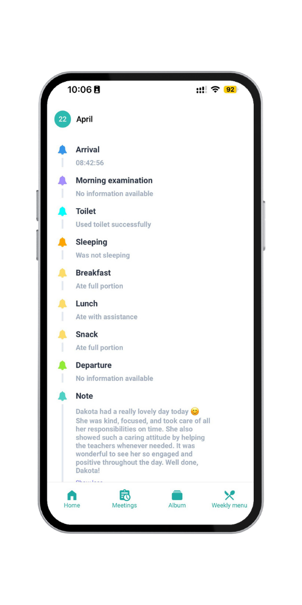 STIOKids parent app with a daily overview of the child's kindergarten activities