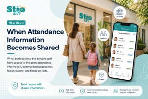 Parent and child arriving at daycare while a digital attendance tracking app provides real-time attendance information for parents and daycare staff.